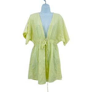 August Cotton Cover Up Dress Women M/L Yellow V-Neck Drawstring Waist Mini
